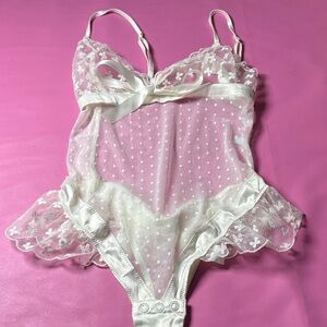 Sheer Ivory Dot & Lace Chemise Bodysuit with Bow
